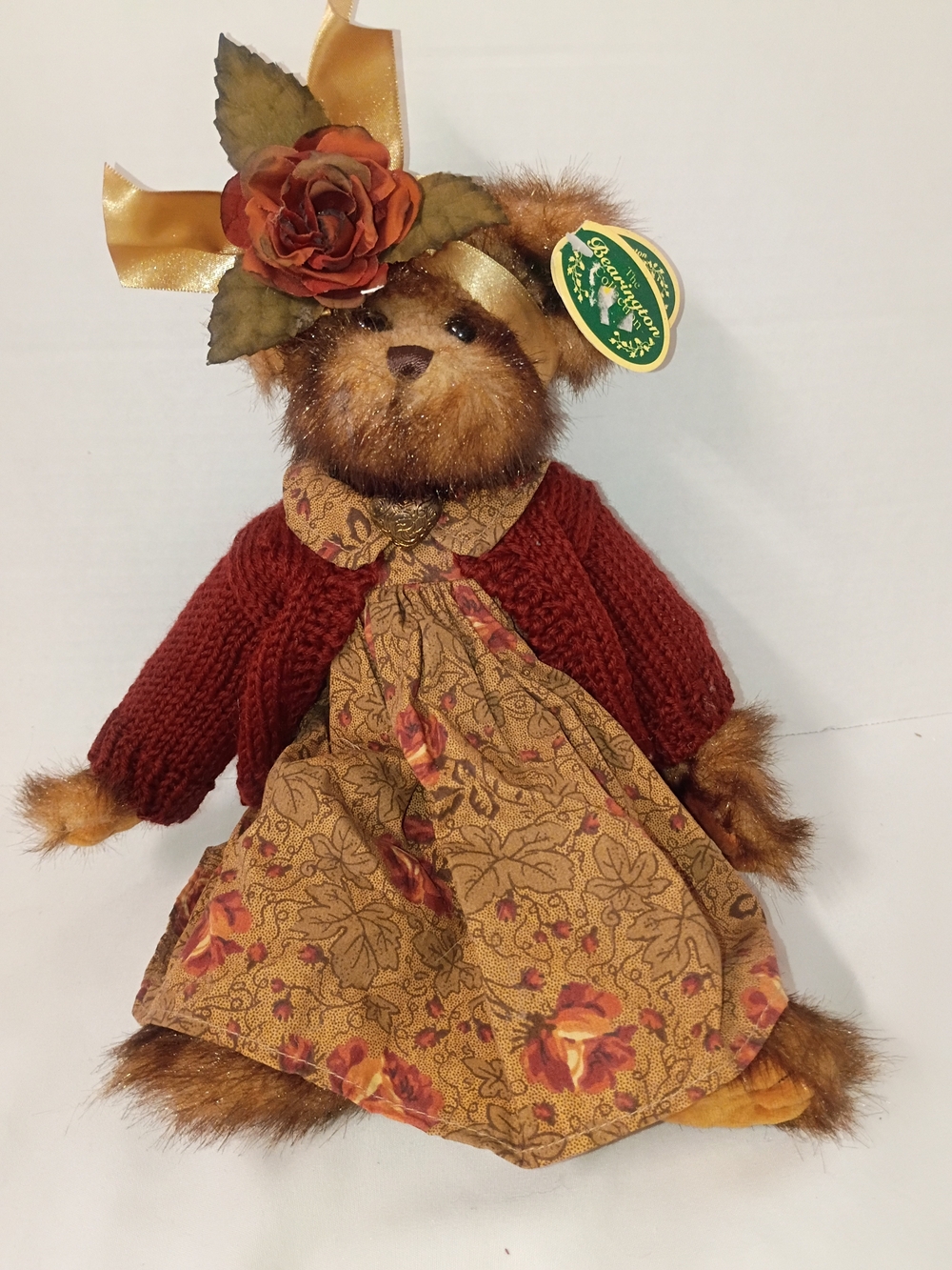 Bearington Bear Plush Brown Bear Décor in Burgundy Sweater and Floral Dress